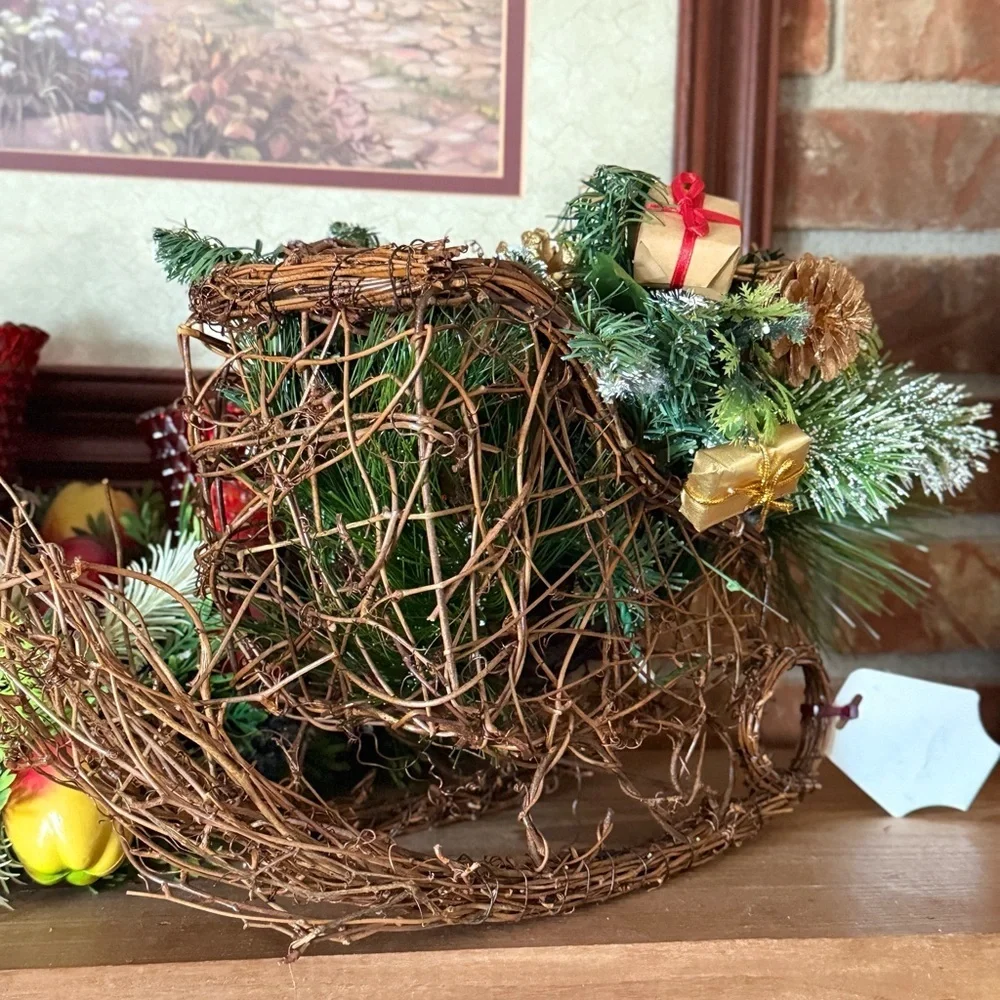 Vintage 1988 Holiday Decorative Wicker Sleigh with Greenery and Red Accents